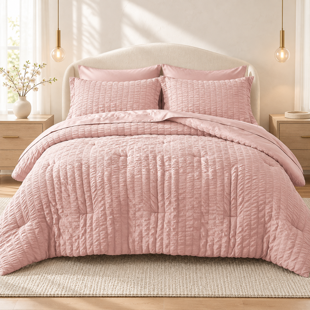 Rose Gold Queen Comforter Set Seersucker 7 Pieces