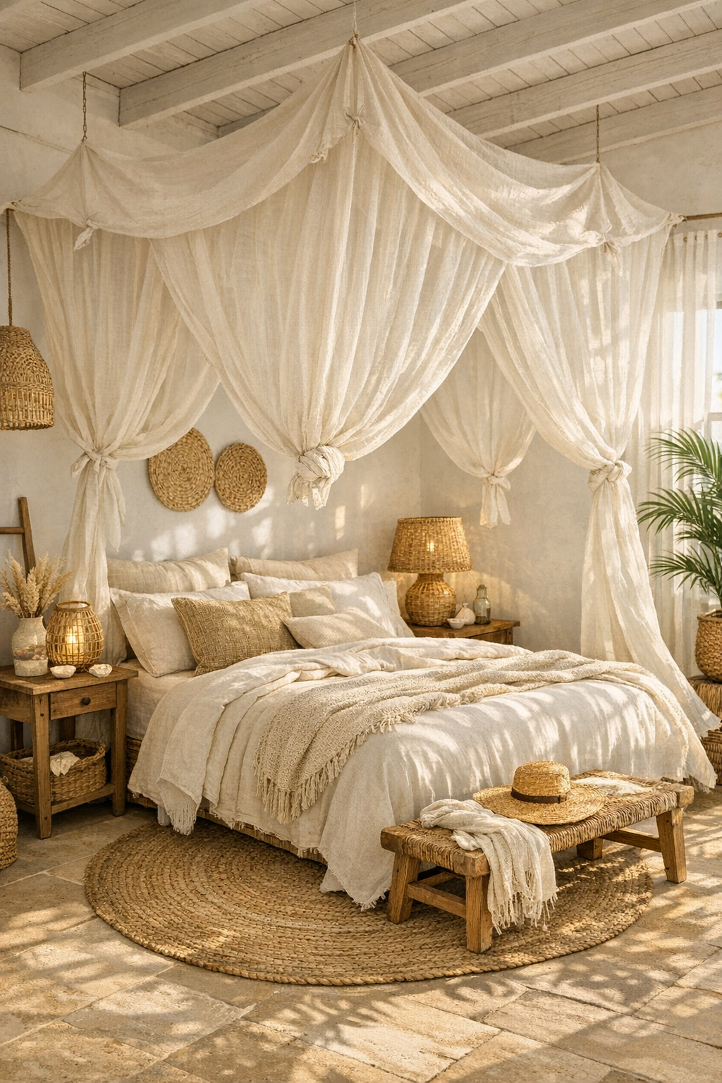 A beachy boho bedroom with a soft linen canopy draped above the bed for a relaxed cabana-inspired look