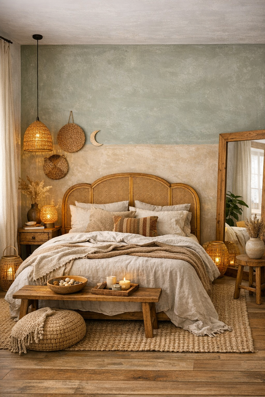 A green boho bedroom with limewashed sage and sand walls, cane furnishings, and soft natural textures