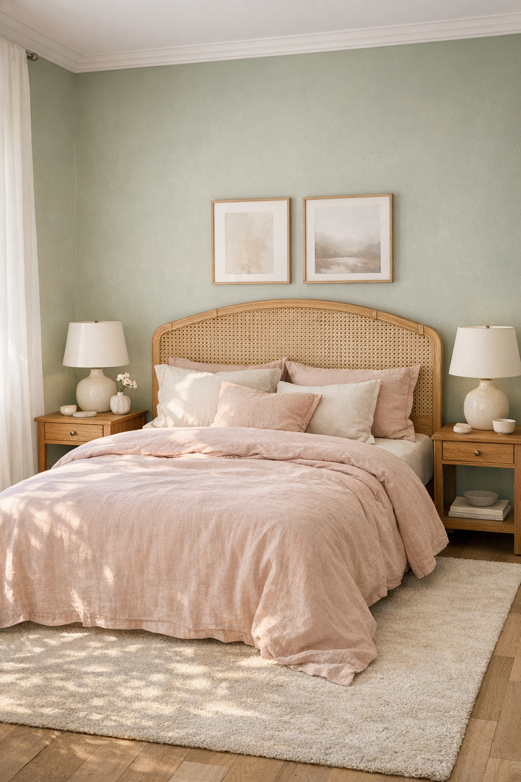 Sage green and blush bedroom with a woven headboard, blush bedding, and warm wood accents.