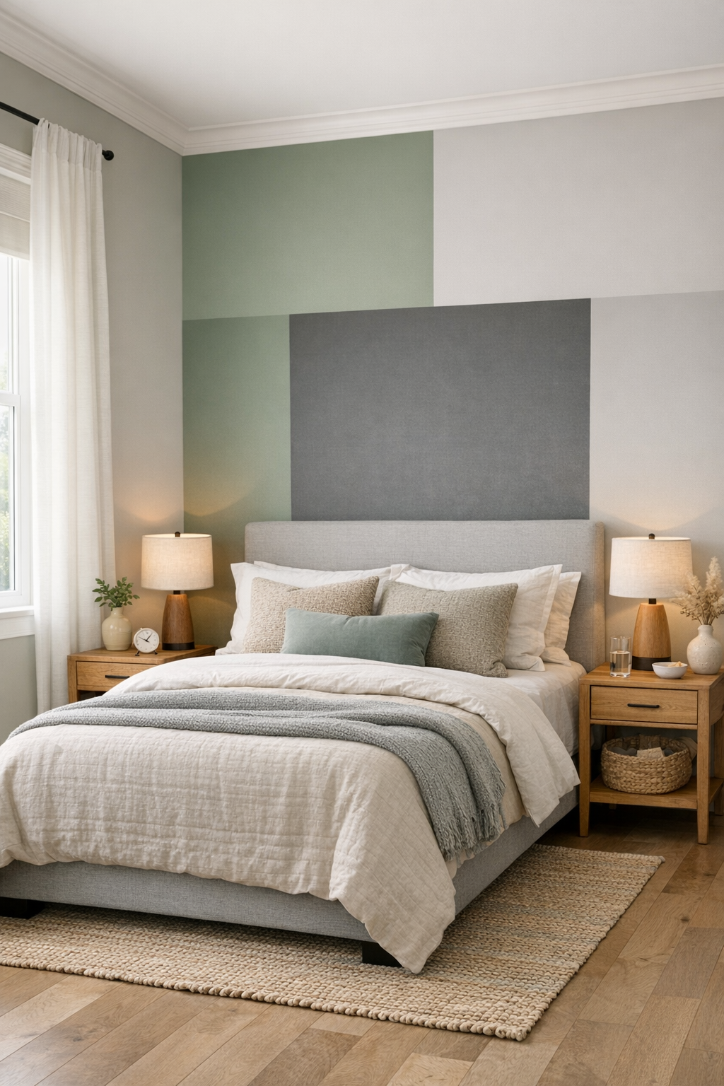 Sage green and grey bedroom with a color-blocked feature wall, soft bedding, and calm natural decor