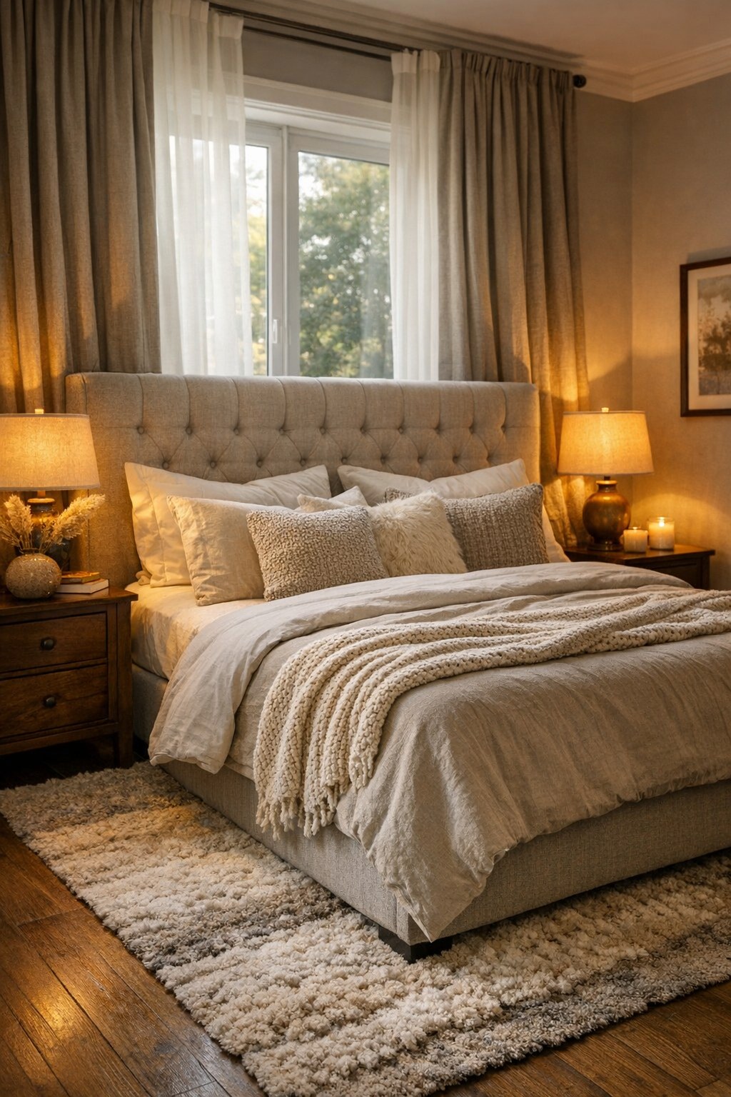 A warm cozy bedroom with heavy curtains, layered textiles, a thick rug, and soft lighting for a quieter feel.