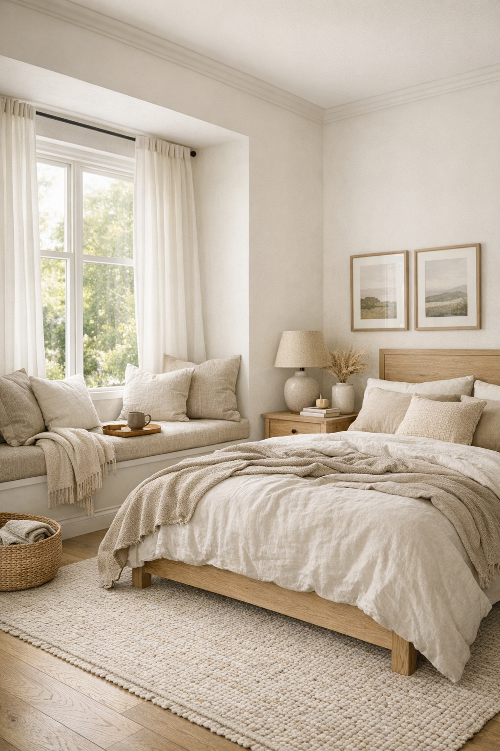 Warm neutral bedroom with a built-in window seat, oatmeal linens, and pale wood accents
