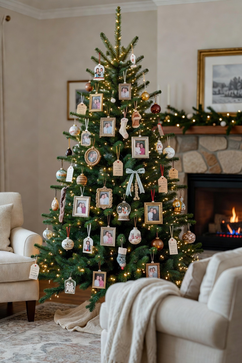 Christmas tree decorated with family photos, keepsake ornaments, and handwritten tags for a personal holiday display