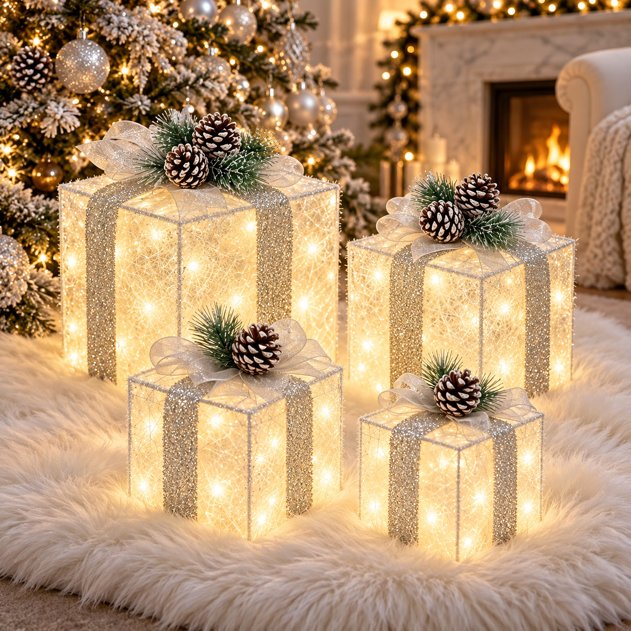 Elegant Christmas Living Room with Lighted Gift Boxes