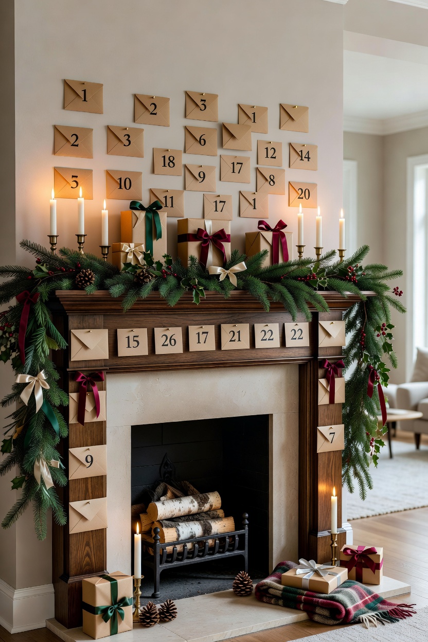 A Christmas mantel styled with numbered advent envelopes, greenery, and warm candlelight.