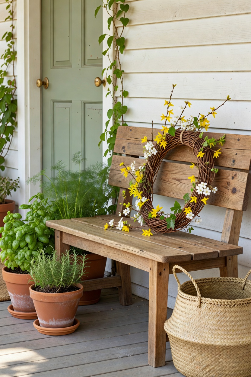 A spring front porch decorated with potted herbs, woven textures, and a fresh welcoming entryway.