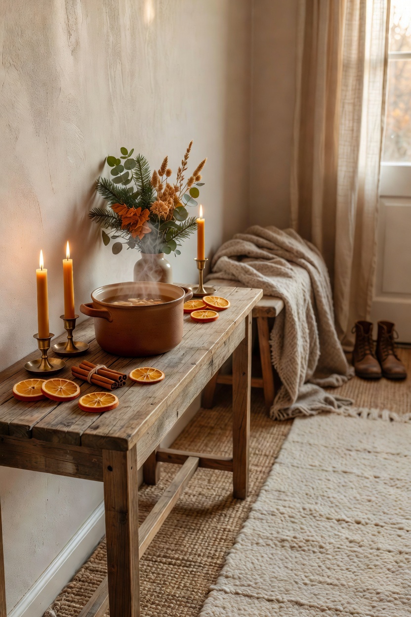 A cozy Thanksgiving entryway styled with a ceramic simmer pot, dried oranges, cinnamon sticks, beeswax candles, and greenery.