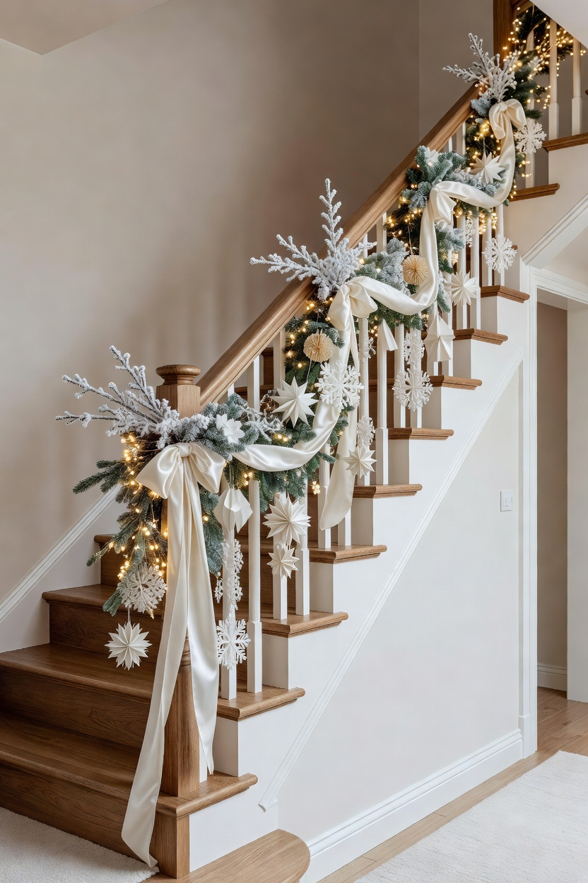 Elegant staircase decorated with white Christmas garland, ivory ribbon, and warm holiday lights
