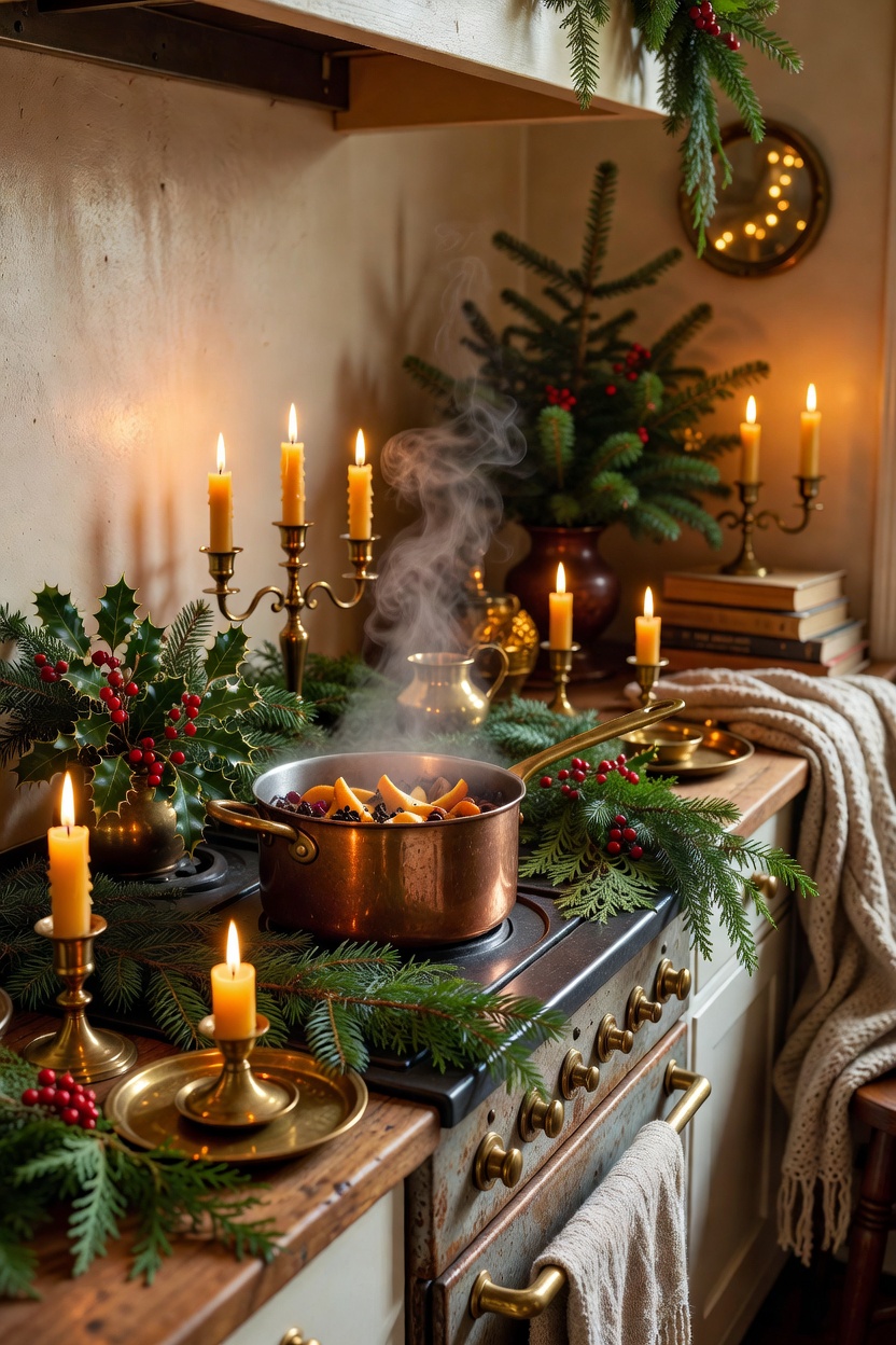 A traditional Christmas home styled with a simmer pot, candles, and festive seasonal greenery.