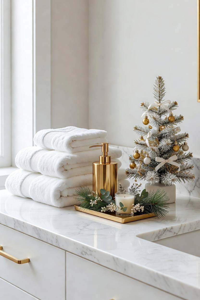 A bathroom styled for Christmas with white towels, gold accents, mini greenery, and a small festive tree.