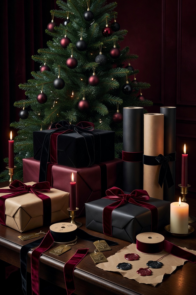 A moody Christmas decor scene with wrapped gifts in dark paper, velvet ribbon, and warm candlelight.