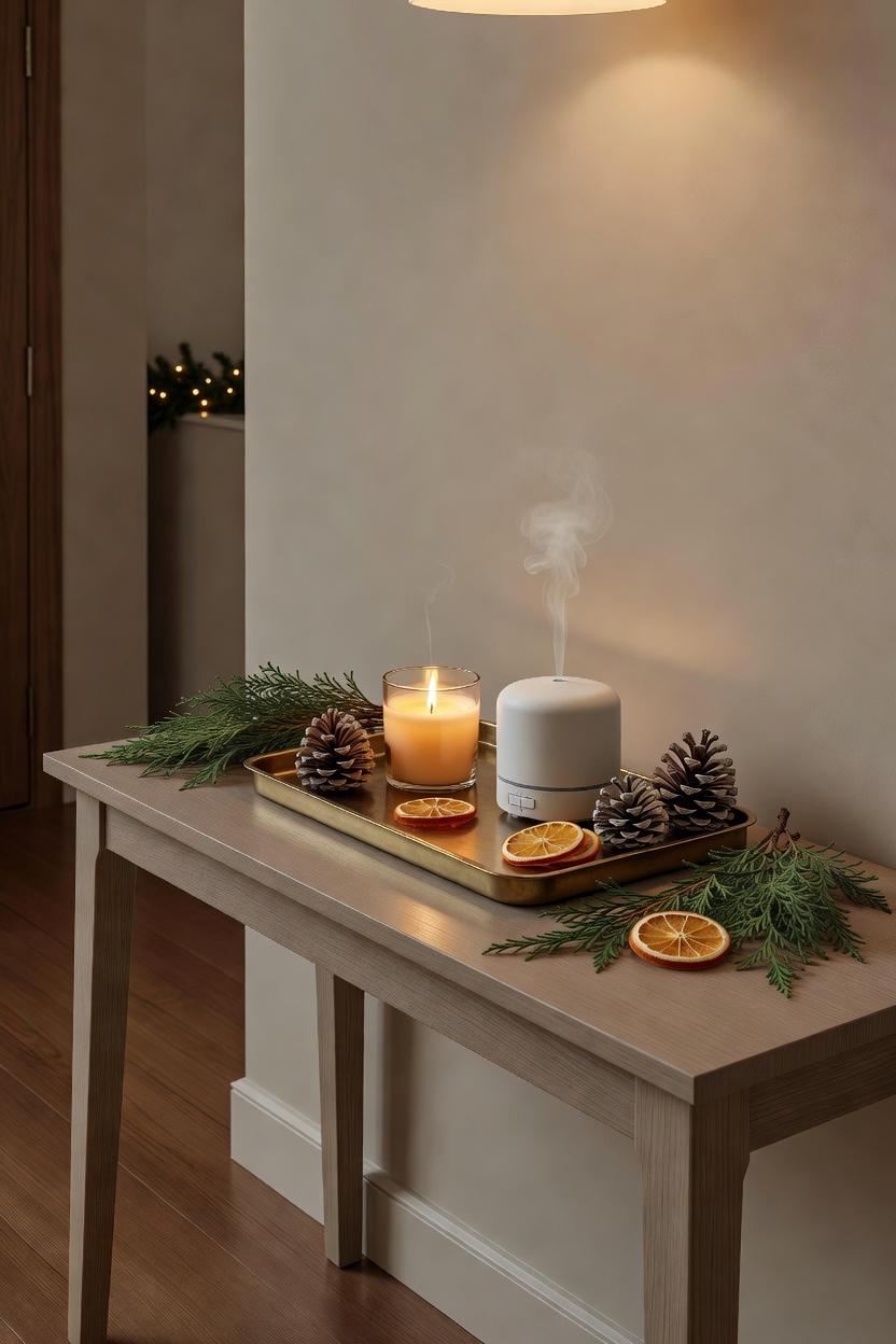 Christmas entryway table styled with a candle, diffuser, cedar sprigs, and natural holiday accents