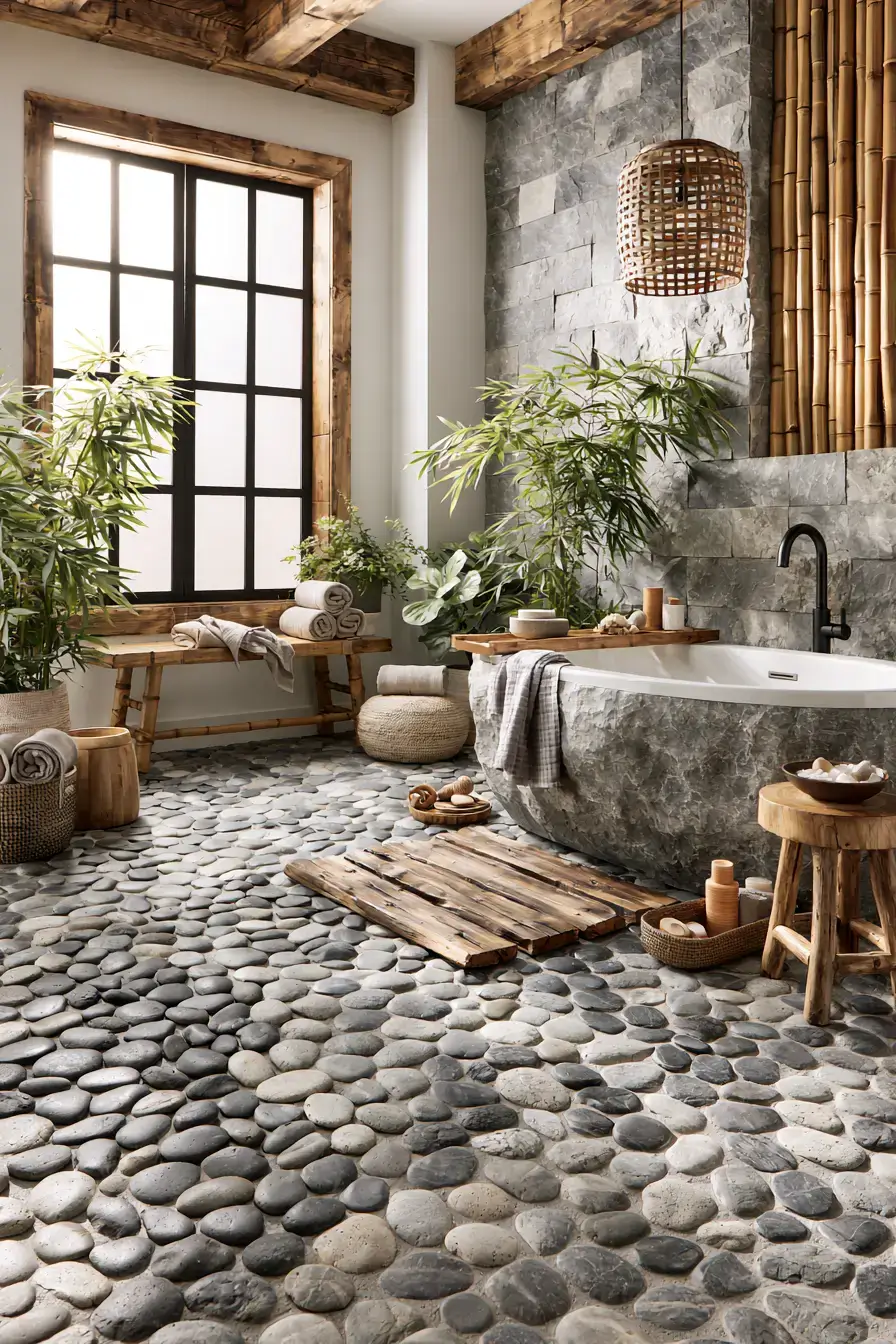 Zen pebble bathroom with bamboo accents and calming colors