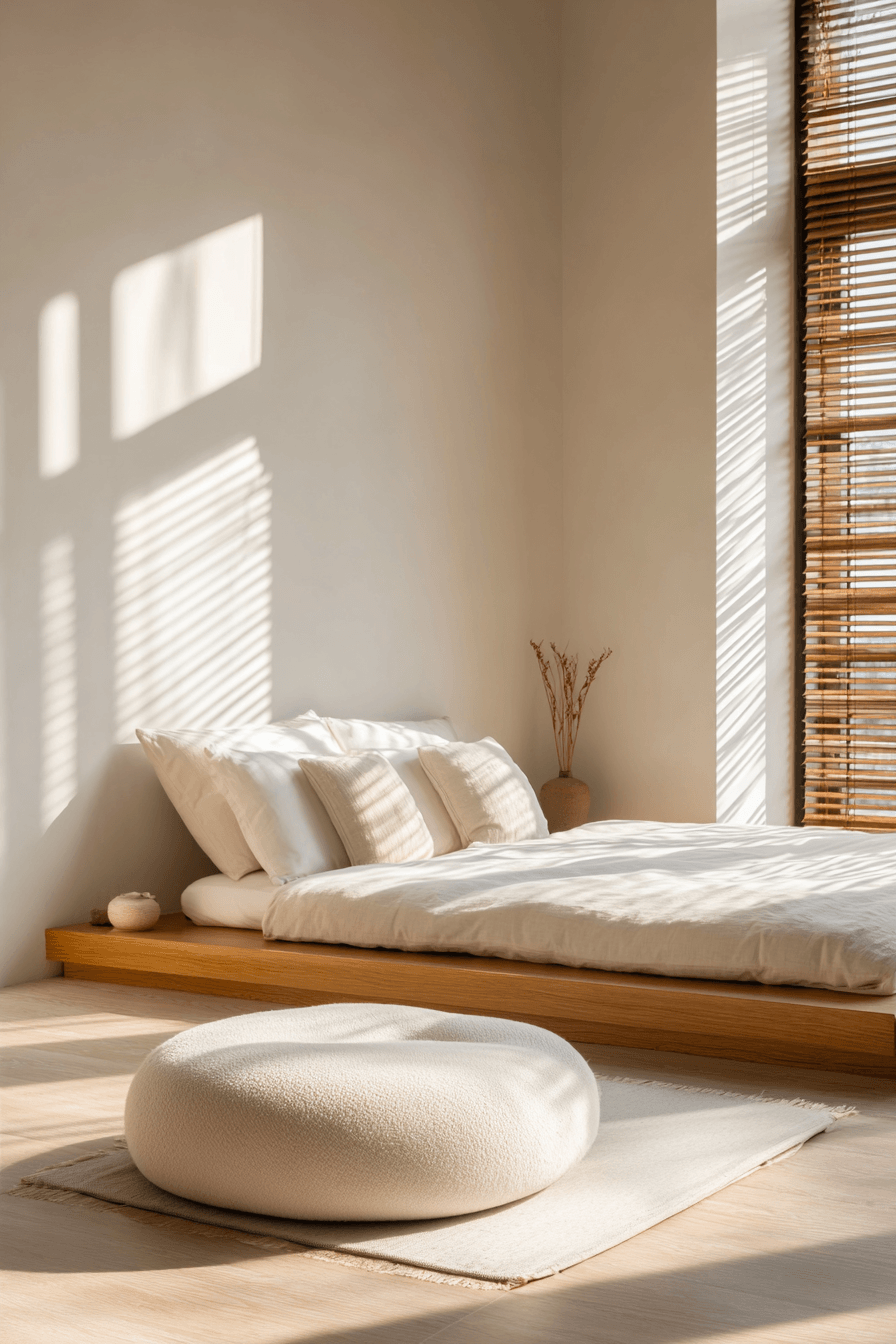 Warm minimalist bedroom inspired by Zen design with low furniture and neutral tones