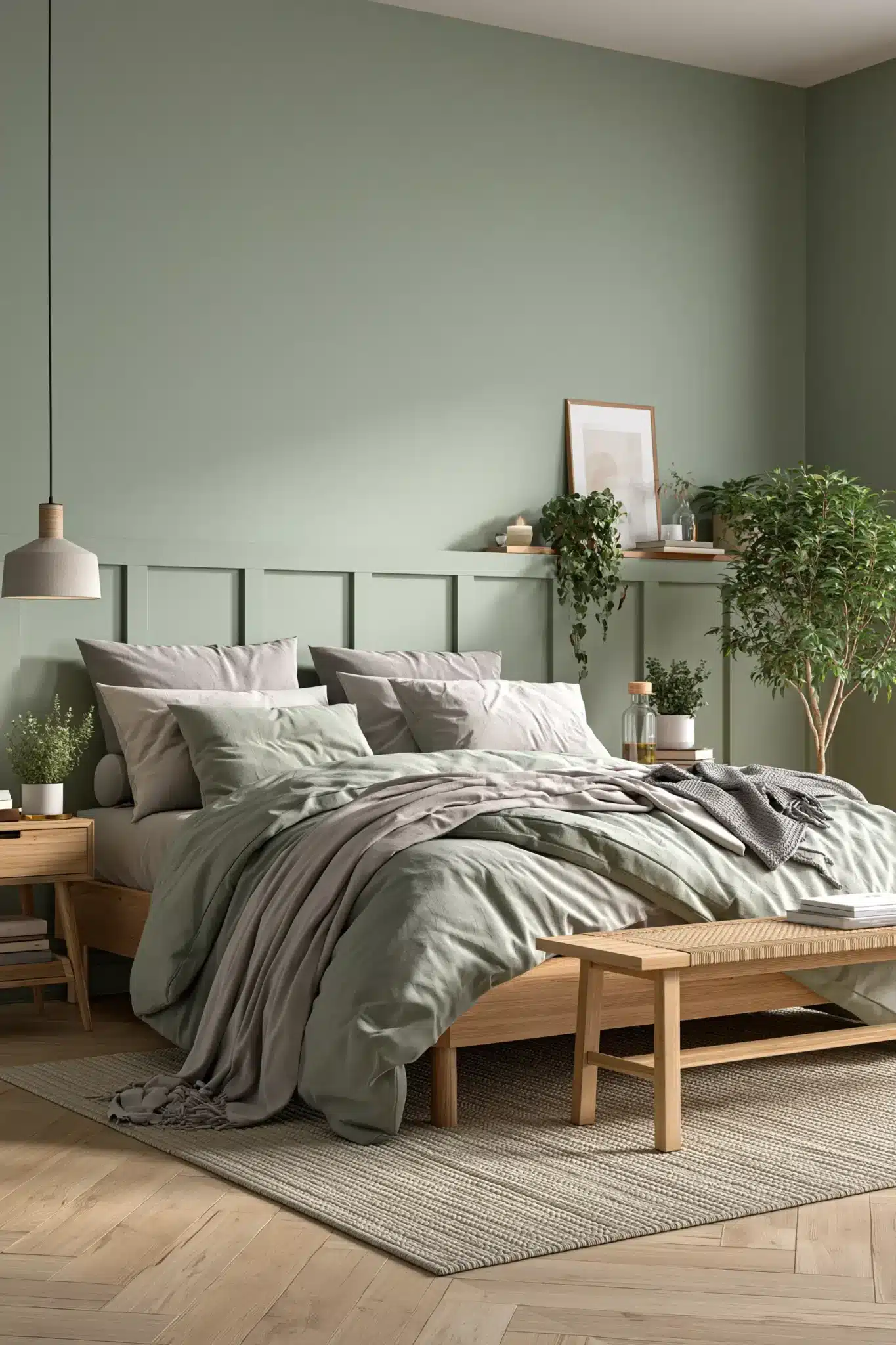 Zen-inspired sage green and grey bedroom with minimal decor, linen textures, and soft lighting